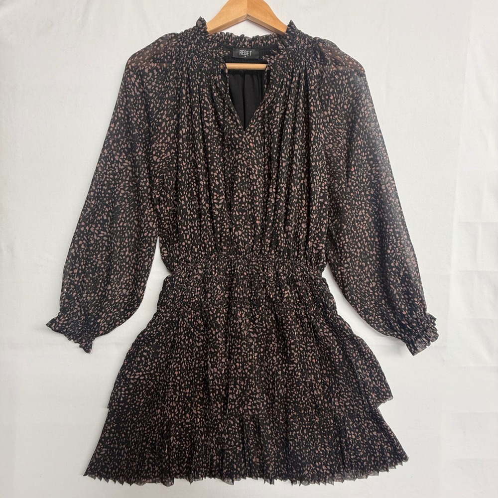 Reset Womens Medium Black Pink Animal Print Pleated Mini‎ Dress Smocked Waist